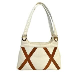 Vintage Ivory White Leather Criss-Cross Accent Frame Handbag Satchel